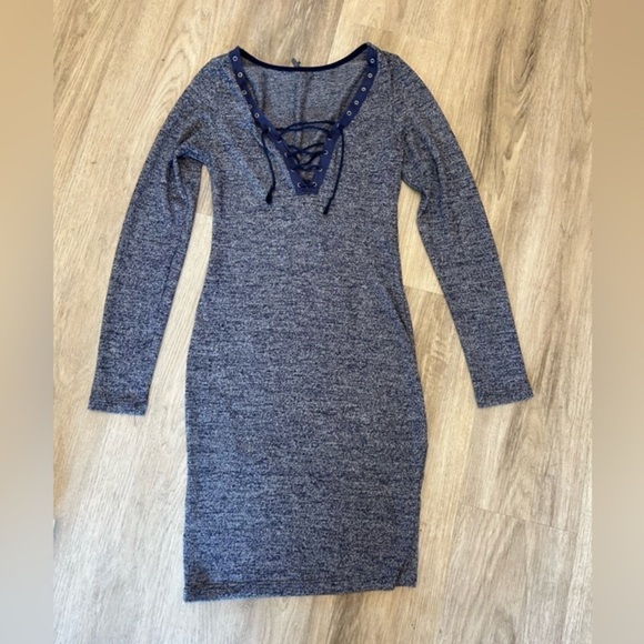 POOF! sexy form fitting long sleeve flattering dress. Heather blue. Lace up top - Picture 3 of 11